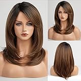 HAIRCUBE Short Honey Brown Wigs for Women Shoulder Length Wig with Dark Roots Natural Layered Synthetic Wig for Daily Use