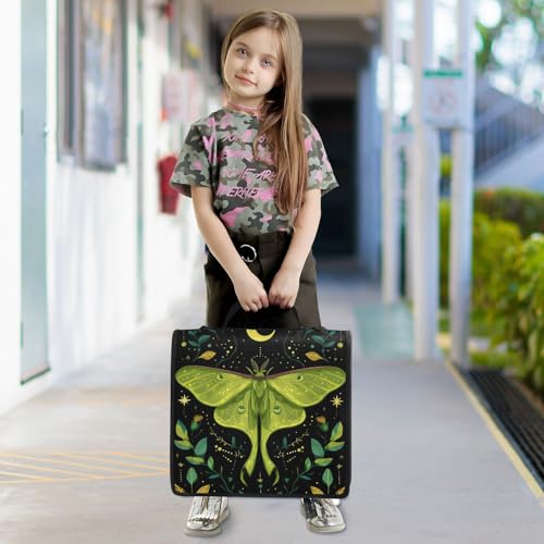 Image of Custom 3 Ring Zipper Binder Mystical Green Moon Moth Boho Personalized Name 1.5 inch Binders Large Capacity Multi Pockets for School Office Supplies