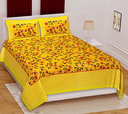 Image of RajasthaniKart Pure 100% Cotton Double Bed Sheet with 2 Pillow Covers (Bedsheet for Double Bed Cotton, Yellow Jaipuri, King Size,5242)