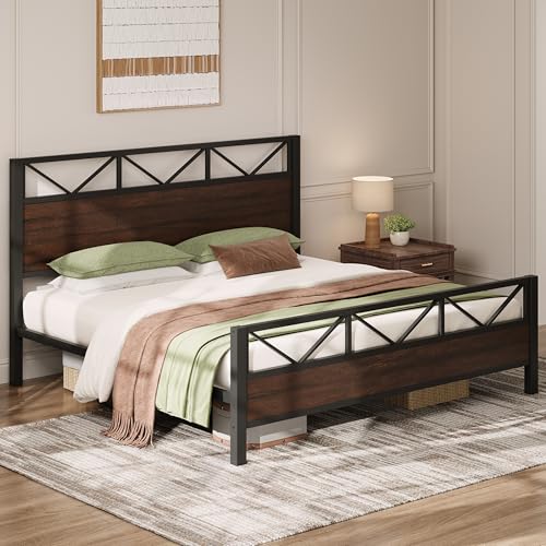 Image of LIKIMIO King Bed Frame, Tall Industrial Headboard 51.2 inch, Platform Bed Frame with Strong Metal Support, Solid and Stable, Noise Free, No Box Spring Needed, Easy Assembly, Dark Brown