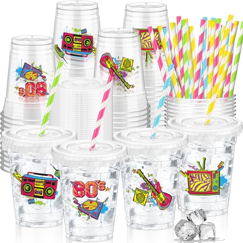 FoldTier 50 Pcs 80's Party Cups Disposable Plastic Cup 12 Oz G Back to 80s mugs Thick 80s Theme Clear mug Lids Straws Retro Music Party Supplies Throwback Dance Birthday Favor Table Decorations