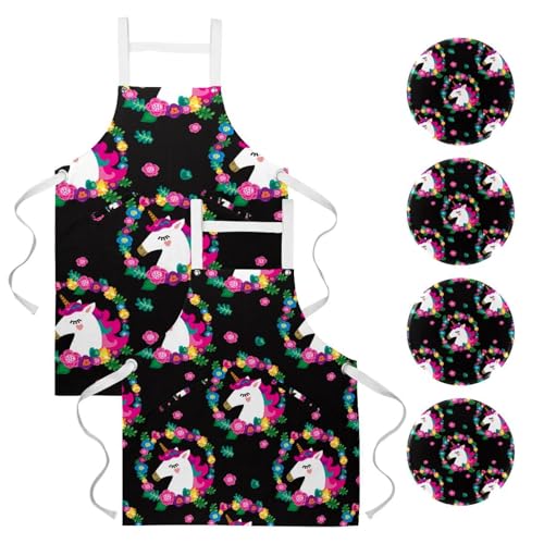 Lot de 2 tabliers de cuisine avec motif licorne et 4 broches pour la pâtisserie