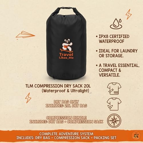 Image of TRAVEL LIKES ME Waterproof Travel Bag - Small Pouch for Men and Women, Travelling Gear, Camping Accessories, Trekking, Hiking, Swimming, Traveller Pouches, 20l ltrs Dry Bag (Black, 20 Liters)