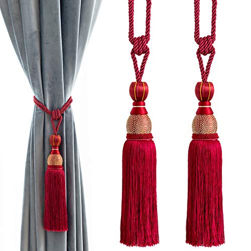 Melodieux Decorative Curtain Tiebacks Ball Tassels Holdbacks, Home Office Windows Drapery Fasteners Braided Buckle Fringe Ropes, Set of 2 (Red)