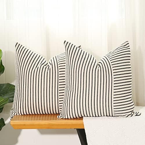 Hckot Black and Beige Patchwork Farmhouse Throw Pillow Covers 20 x 20 Inch, Pack of 2 Striped Linen Decorative Pillow Case for Sofa Couch Chair Bedroom Modern Decor (20" x 20", Black)