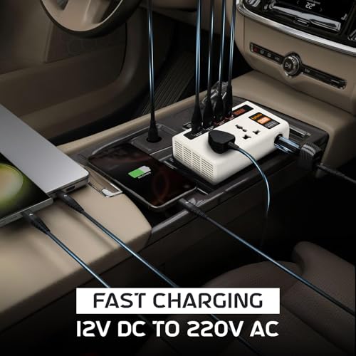 Image of 200W Car Power Inverter, Car Laptop Charger with 2 AC Outlets (220V), 3 USB-A & 1 USB-C PD 18W Fast Charging Ports, 12V DC to 220V AC Adapter for Laptops, Phones & Tablets - White Body