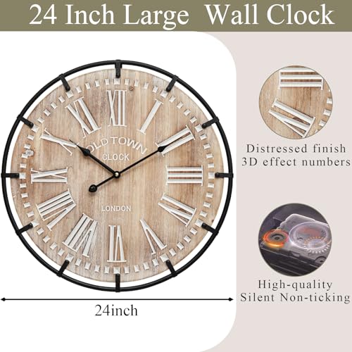 Image of EMAX HOME 24 Inch Large Farmhouse Wall Clock, Rustic Antique Wood with Metal Circle and Large Engraved Numerals, Silent Battery Operated Wall Clock for Office Kitchen Bedroom Living Room