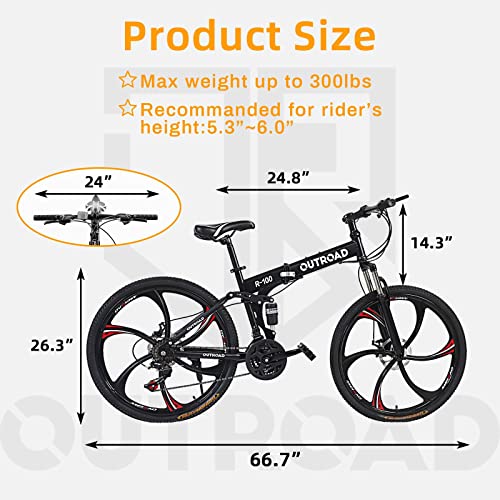 Paname 26 Inch Mountain Bike, Folding Bicycle With 21 Speed Shimano Shifter, Dual Disc Brake, Full Suspension 6-Spoke High Carbon Steel Frame For Men Woman Teen, Black #TOP5
