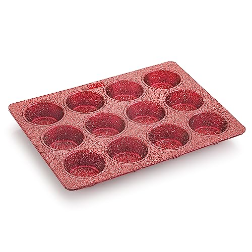 Hazel Molde de aluminio para magdalenas, apto para microondas, 12 tazas, acabado de granito, antiadherente, bandeja para hornear chocolate, para casa y panadería (rojo)