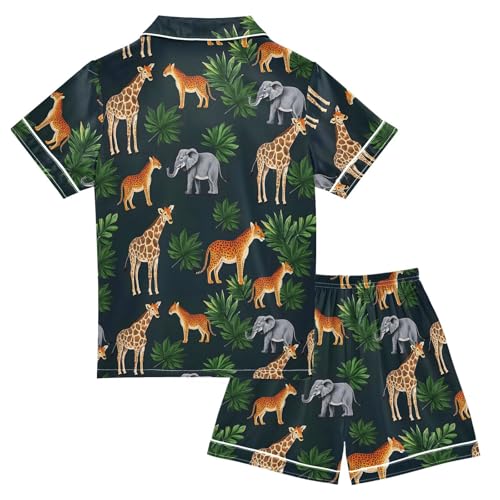 ALAZA Leopard Elephant Giraffe Leaf Satin Pajamas Set Short Sleeve Button Down Sleepwear Summer Pjs 2 Piece2