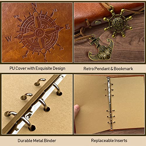 Joy & Inspiration PU Leder Notizbuch A5 mit nachfüllbarem Kraftpapier Vintage Nachfüllbar Gebunden Schönes Reisetagebuch Tagebuch Ringbuch Skizzenbuch Vintage Notebook (A5 Braun)