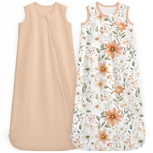 Image of Baby Sleep Sack 0-6 Months 0.5 Tog Baby Wearable Blanket 100% Cotton Sleeping Sack with 2-Way Zipper for Newborn Infant White Brown Flowers