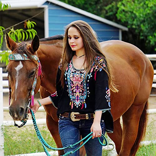 LauraKlein Women Mexican Embroidered Shirt for Women Bohemian Style Top Blouse 3/4 Sleeve Summer Casual Tunics3