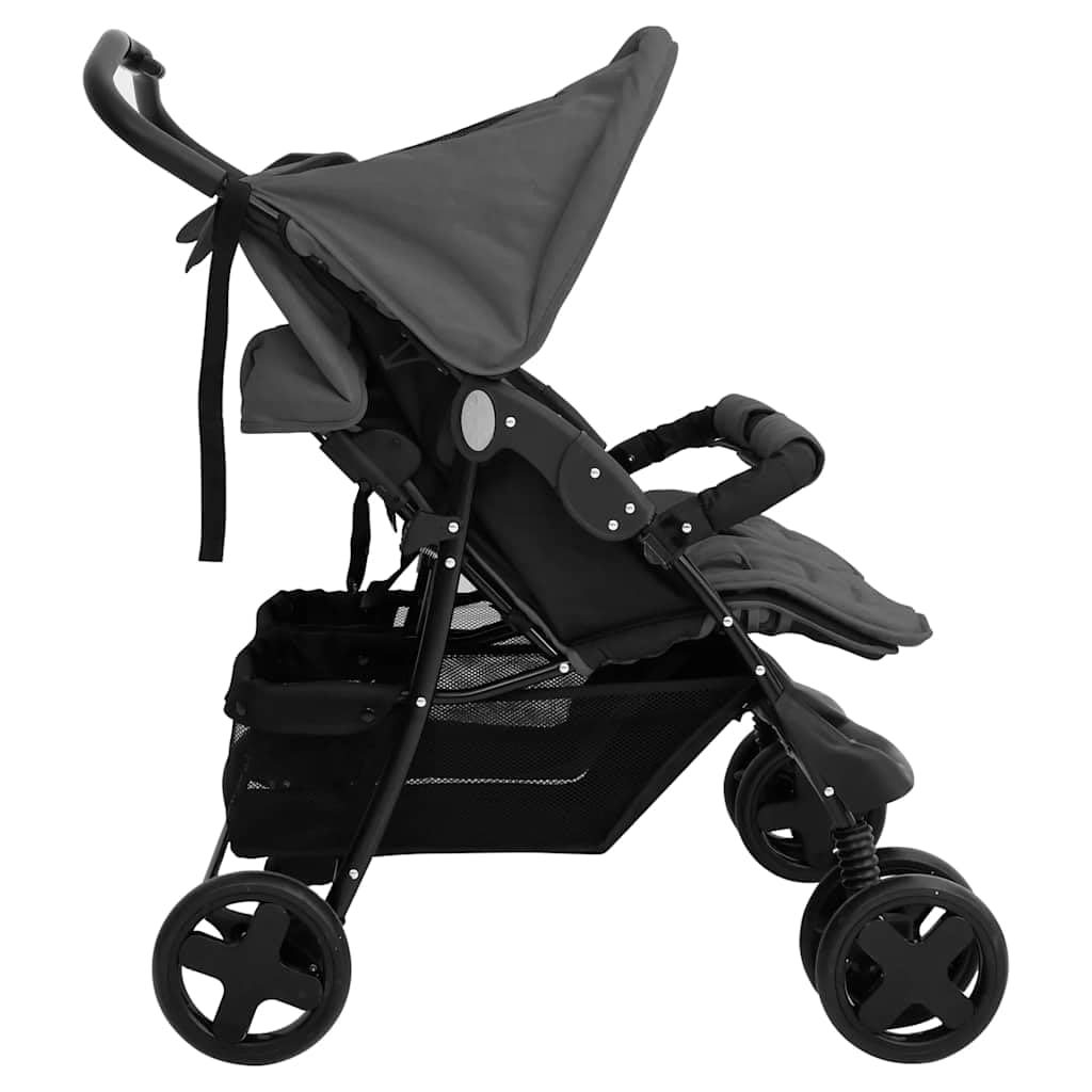 Cochecito gemelar gris oscuro de acero con función plegable, función reclinable, suspensión, toldo para recién nacidos y niños pequeños, compacto, ligero, manejable, ideal para exteriores y
