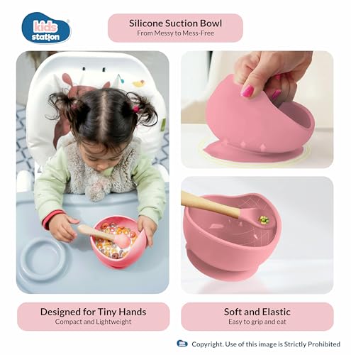 Image of Kids Station 8-Piece Silicone Baby Feeding Set | Suction Bowl, Plate, Bib, Cup, Spoon & Fork | 100% Food Grade BPA-Free Silicone | Non-Slip, Easy to Clean (Pack of 8, Dark Pink)