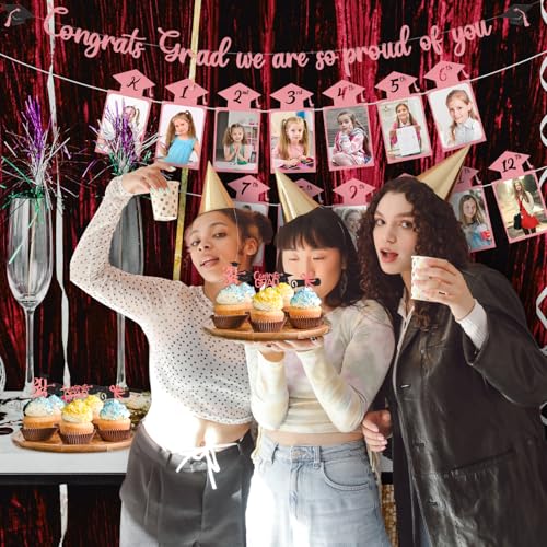 Image of Glitter Pink Graduation Photo Banner for 2026 Graduation Party Decorations Congrats Grad We are So Proud of You Banner Kindergarten to 12th Grade Picture Banner for 2026 High School Grad Congratulation Party Backdrop Decorations Photo Props