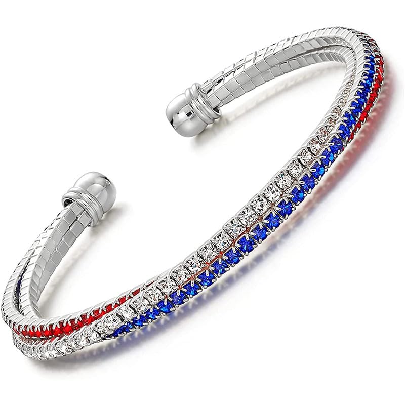 Dreuyet American Flag Rhinestone Bracelet Red White Blue Crystal Patriotic 4th of July Shiny Decorations USA Independence Day Jewelry