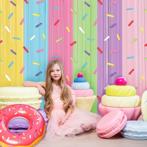 Image of Blosssound 4 Packs Donut Party Decorations 3.3 x 6.6 ft Donut Sprinkle Foil Fringe Curtain Colorful Ice Cream Tinsel Streamers for Easter Birthday Baby Shower Sweet Shop Decoration(4 Packs, Doughnut)