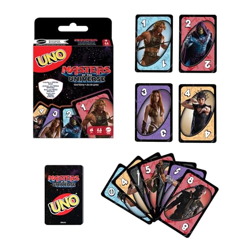 Mattel UNO Les Maîtres de l’Univers Jeu de Cartes à thème pour Enfants, familles, fêtes, Voyages et Camping, Une règle spéciale “Épée du Pouvoir”, 2 à 10 Joueurs, à partir de 7 Ans, JMF11