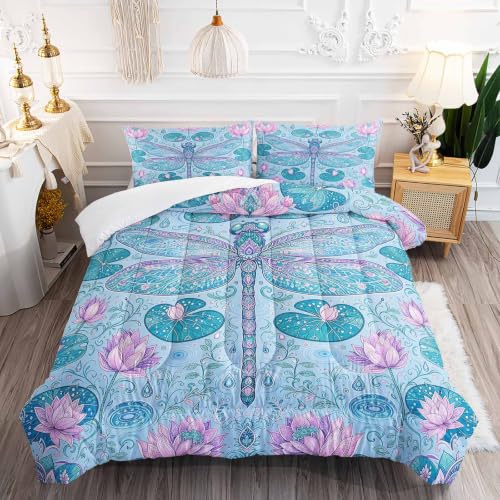 Image of AILONEN Full Comforter Set 3 Piece, Aqua Dragonfly Lotus 3D Printed Bedding with 2 Pillowcases, Soft Breathable Microfiber Serene Decor for Guest Room