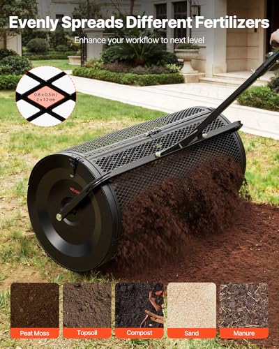 Image of VEVOR Compost Spreader, 36 inch Wide Peat Moss Spreader with Push /Tow Handle, 4 Heights Adjustable, Powder-Coated Steel Garden Peat Moss Roller, Heavy Duty Grass Seed Roller for Planting Seeding, Black