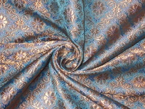 Tissu brocart de soie d'exception doré et bleu lavande pour haute couture
