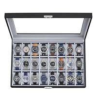 SONGMICS Uhrenbox, abschließbarer Uhrenkasten, Uhrenkoffer, Organizer für Uhren, mit 24 Fächern, Glasdeckel, Geschenk für die Liebsten, PU-Bezug in Schwarz, Samtfutter in Grau JWB024