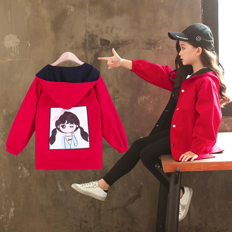 Girls Hooded Trench Coat Lightweight Jacket Lapel Button Down Jacket Color Block Windbreaker2