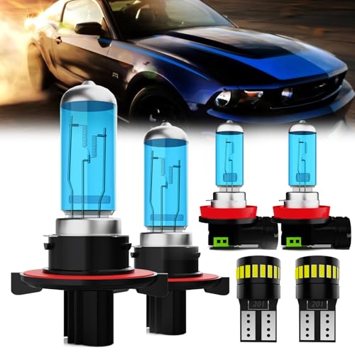 Image of Headlight Bulbs License Plate Lights Fit For Ford Mustang 2005-2012, 9008 High Low Beam + H11 Fog Lights Halogen Light Bulb + License Plate Lights, Pack of 6