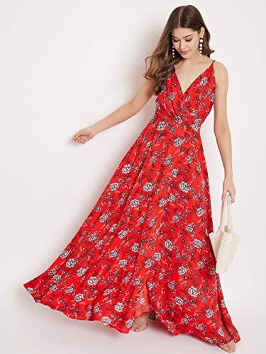 Image of Berrylush Red Solid V Neck Maxi Dress