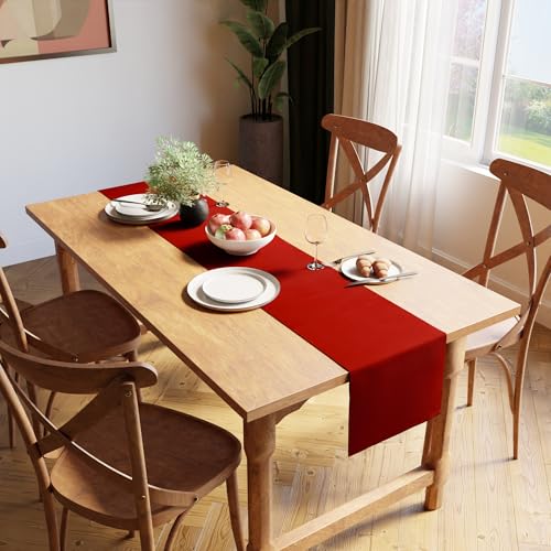 Image of Encasa XO Dining Table Runner for 4 to 6 Seater| Yarn Dyed Fine Ribbed Cotton | Size 32x183 cm | Solid Red | Machine Washable
