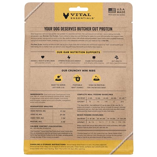 Image of Vital Essentials Freeze Dried Dog Food, Duck Mini Nibs, 5.5 oz Bag | Crunchy, Complete Meal or Topper, Made With 96% Duck, Organs & Bone, High Protein Raw Nutrition, Grain-Free Recipe