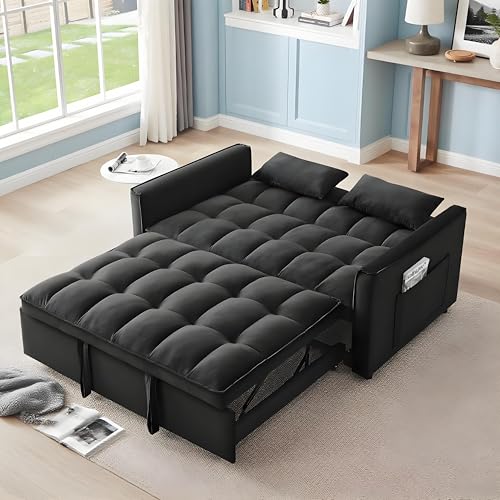 LINKHOO 3-in-1 Convertible Sofa Bed, Pull-Out Sleeper Bed with Adjustable Backrest & Two Arm Storage Pocket, Velvet Futon Couches, Loveseat, Black