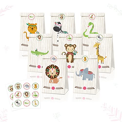 24 PCS Jungle Safari Animals Favor Sacs-cadeaux, Sacs-cadeaux de fête d'anniversaire sur le thème de la jungle, sacs-cadeaux en papier animal avec autocollants pour femmes hommes filles enfants Cover