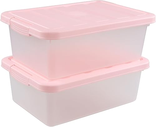 Caja de almacenamiento de plástico con pestillo de 14 cuartos de galón, contenedor de almacenamiento de plástico debajo de la cama con tapas rosas,