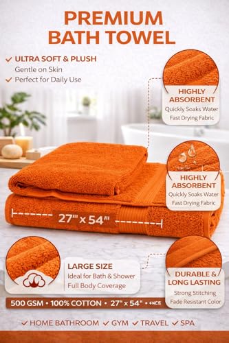 Image of Bath Towel 600 GSM (70x140 cm) | Soft & Highly Absorbent Large Bath Towel for Men & Women | Quick Dry Bathroom Towel for Home, Hotel & Spa Use - Orange