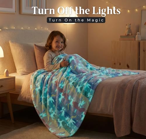Image of BSB HOME Glow in The Dark Kids Blanket Single Bed Size, Soft Fleece Luminous Bed Throw, Cozy Lightweight Blanket for Boys & Girls (60 x 90 in / 152 x 229 cm) (Unicorn Print - Red Blue & Lavander)