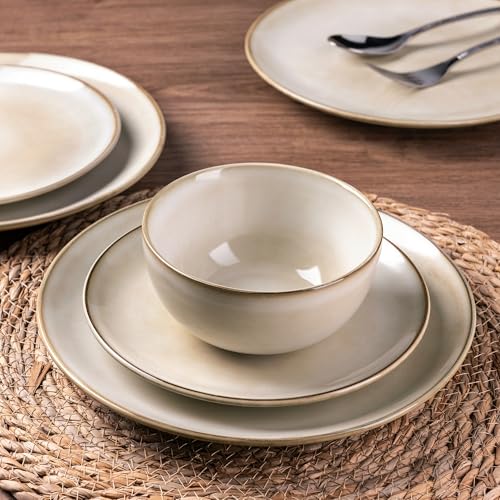 Image of GBHOME Ceramic Dinnerware Sets for 4, 12 Pieces Stoneware Plates and Bowls Sets, Reactive Glaze Dishes -Scratch Resistant, Dishwasher&Microwave Safe-Cappuccino