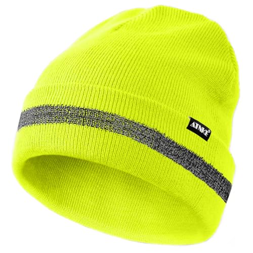 ATNKE Reflektierende Mützen Sicherheits-Thermo-Strickmütze mit hoher Sichtbarkeit für den Winter mit reflektierendem Streifen Geeigneter Outdoor-Arbeitssport