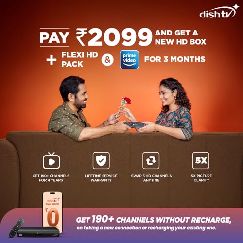 Image of Dish TV HD Set Top Box | DTH Connection | 3 Months Flexi HD Pack | + Prime Lite | 5 HD Channel As Per Choice | 190+ Channels Free for 4 Years | Free Installation & Service (Gujarati HD Pack)