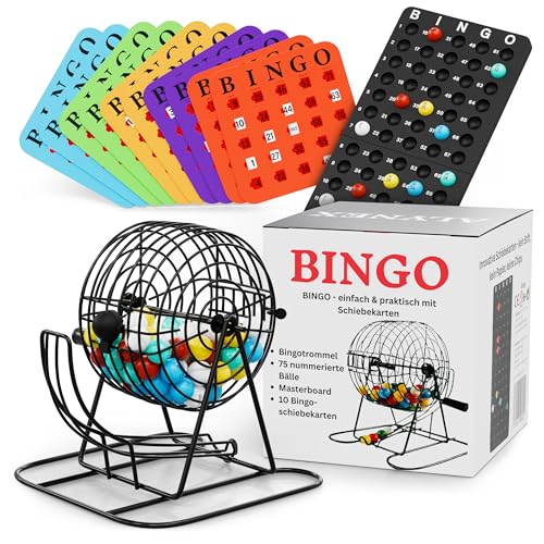 ALYNEX® Bingo Spiel – Set mit Metalltrommel, Bingo Karten, Spielbrett & 75 Kugeln – 10 Wiederverwendbare Schiebekarten, Spiele für Senioren, Erwachsene & Kinder ab 6 – Familienspiel, Partyspiel