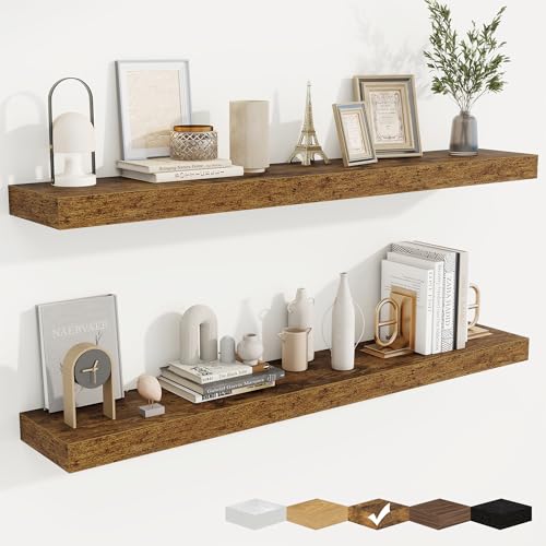 fuqing Floating Shelves for Wall, Wall Mounted Wood Floating Shelf with Invisible Brackets for Living Room, Bathroom, Bedroom, Kitchen Storage and Decor, 48 Inch Set of 2, Rustic Brown