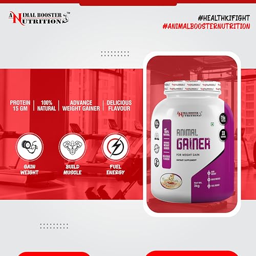 Image of Animal Booster Nutrition WEIGHT GAINER | 15gms of Protein in 90gm of Serving| For Gain Weight, Build Muscle & Fuel Energy - Kesar Pista Flavor (33 Servings /3KG)
