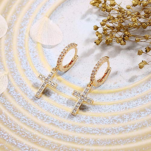 Cross Huggie Hoop Earrings, S925 Sterling Silver Post 14K Gold Plated Cz Dangle Hoop Earrings, Cubic Zirconia Cross Earrings Huggie Hoops Dangly Small Hoop Earrings For Women Girls #TOP4