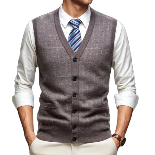 Mens 100% Wool V Neck Sweater Vest Knit Sleeveless Pullover Sweater Casual Plaid Vest