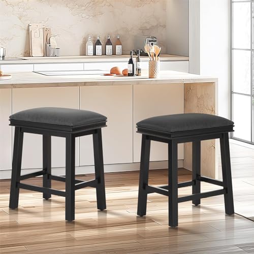 Sophia & William Juego de 2 taburetes de bar de altura de mostrador para isla de cocina, taburetes de bar de 24 pulgadas con patas de madera maciza, moderno asiento acolchado de piel sintética sin