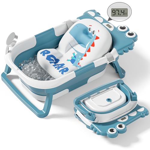 Image of Collapsible Baby Bathtub for Newborn, Alligator Foldable Baby Bath Tub with Thermometer & Soft Floating Cushion & Drain Hole, Portable Travel Infant Bath Tubs for Newborns to Toddler 0-36 Months Girl