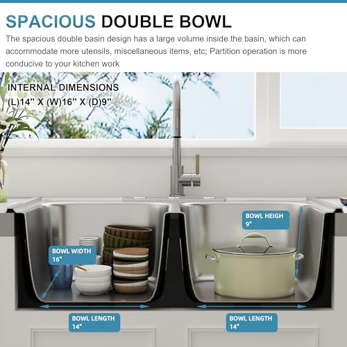 Joviprime MM33228D-5050 33 Inch Double Bowl Drop In 50/50 Kitchen Sink Top Mounted 18 Gauge 304 Stainless Steel Sink thumb #4