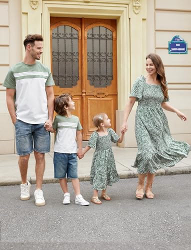 PATPAT Matching Family Outfits Mommy and Me Dresses Matching Set Square Neck Short Puff Sleeve Casual Boho Beach Ruffle Flowy Tiered Midi Smocked Sage Green Dusty Floral Dress for Girls 8-9 Years — view 2