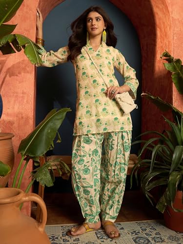 Image of EthnicJunction Women's Linen Floral Print Summer Wear Straight Short Kurti with Afghani Pant Set | Co Ord Set for Women Stylish | Fusion wear Women